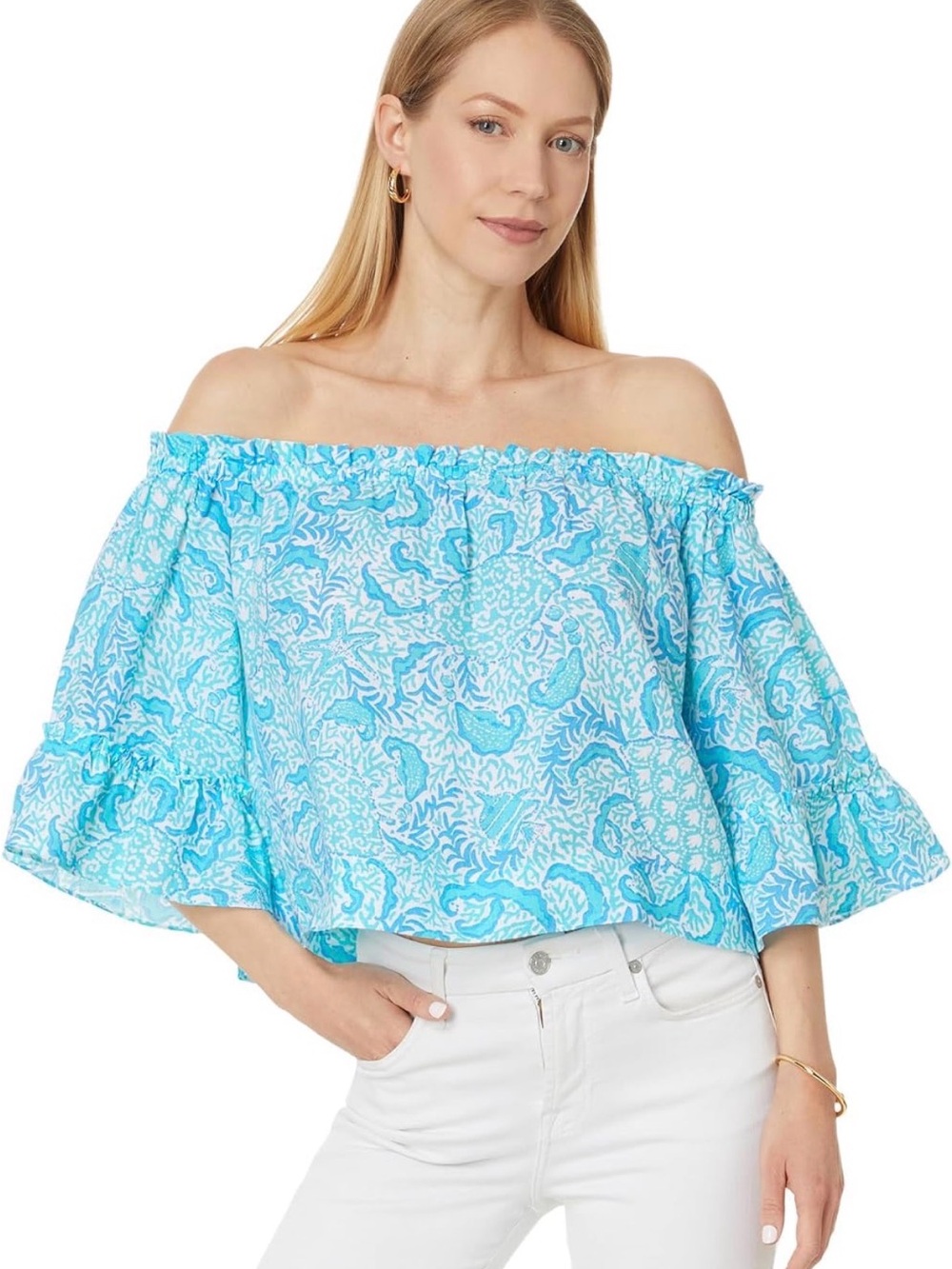 Lilly Pulitzer Blue Off-Shoulder Paisley Print Top